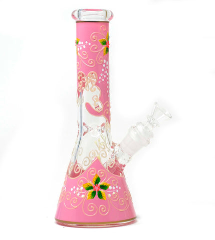 10" Glowing in Dark Pink Flower Glass Water Bong Pipe