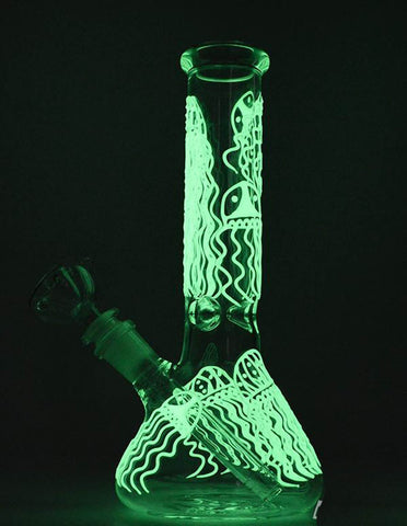 10" JellyFish Beaker Glow In The Dark Glass Water Pipe Bong